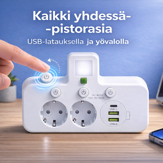 VirtaHubi™ – Monipuolinen jatkopistorasia USB-latauksella ja pehmeällä yövalolla