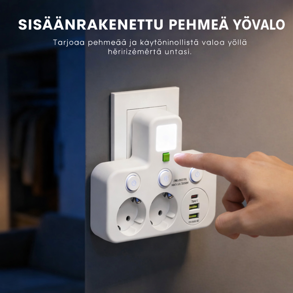 VirtaHubi™ – Monipuolinen jatkopistorasia USB-latauksella ja pehmeällä yövalolla